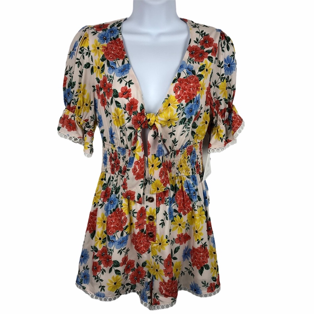 NWT Lost + Wander Center Of Attention Romper Floral Blue Yellow Red Green Cream